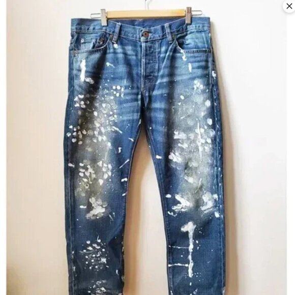Artsy Free People NSF Blue Straight Slouch Jeans in Painterly Paint Splatter 28 - Picture 1 of 7
